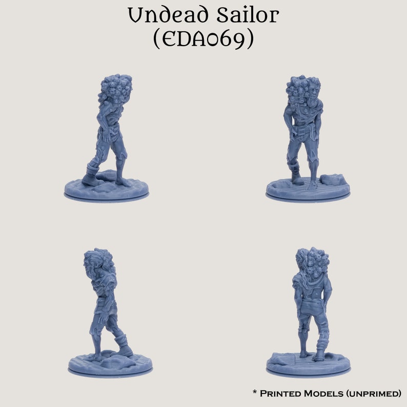 May include: A blue plastic miniature figure of an undead sailor with a pile of skulls on its back. The figure is standing on a round base. The figure is unpainted. The text "Undead Sailor (EDAo69)" is at the top of the image.