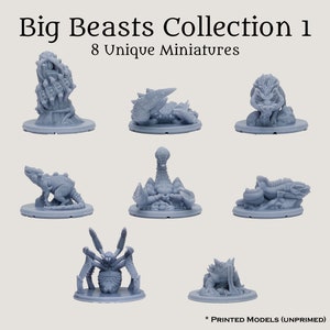 Könnte beinhalten: Acht unbemalte Miniaturfiguren verschiedener Fantasy-Kreaturen, darunter ein Skorpion, eine Spinne und ein Eidechse. Die Miniaturen sind alle grau und werden auf runden Sockeln präsentiert. Der Text "Big Beasts Collection 1" und "8 Unique Miniatures" wird über den Miniaturen angezeigt.
