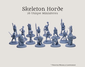 D&D Pathfinder - Horda de esqueletos no muertos (PNJ) - Set de miniaturas de fantasía de 28 mm y 32 mm - 16 miniaturas únicas de resina de 8k