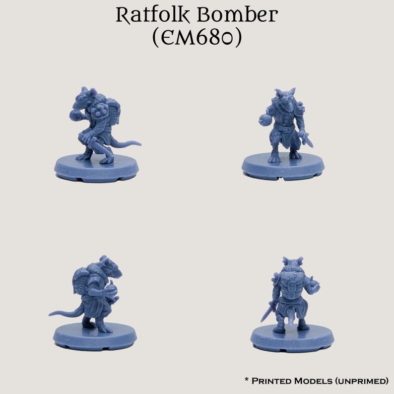 May include: Four blue plastic miniature figures of ratfolk bombers, each standing on a round base. The figures are in different poses, with one holding a bomb, one holding a sword, and two holding a dagger. The figures are unpainted and are part of a set of miniatures for tabletop games.