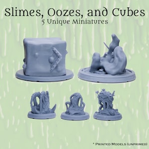 May include: Five unpainted miniature figurines of oozes and cubes. The figurines are gray and feature various shapes and textures. The text "Slimes, Oozes, and Cubes" and "5 Unique Miniatures" is printed on the background.