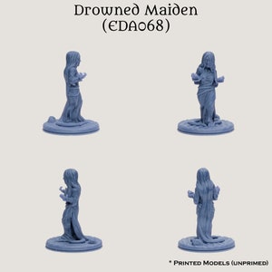 May include: A blue plastic miniature figurine of a drowned maiden with long hair and a flowing dress. The figure is posed with arms outstretched, as if reaching for something. The figure is standing on a round base.