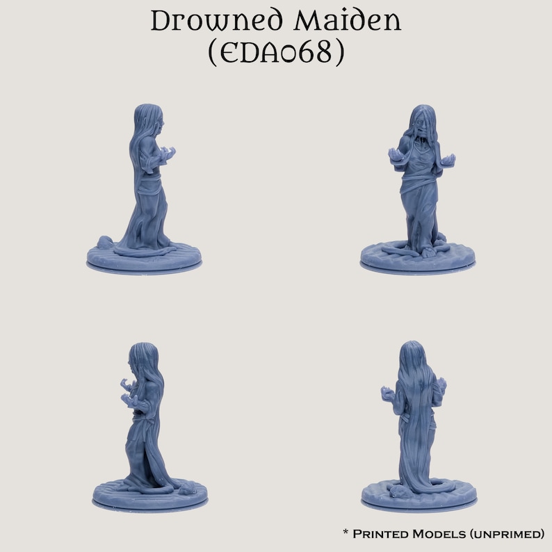May include: A blue plastic miniature figurine of a drowned maiden with long hair and a flowing dress. The figure is posed with arms outstretched, as if reaching for something. The figure is standing on a round base.