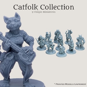 May include: A set of nine unpainted 3D printed miniatures of catfolk characters. The miniatures are in various poses and include a catfolk playing a lute, a catfolk warrior, and a catfolk mage. The miniatures are all gray and are ready to be painted.