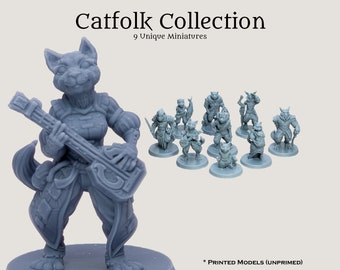 D&D Pathfinder Tabaxi Catfolk Collection | 28mm 32mm Fantasy TTRPG PC NPC Miniature Set | 9 Unique 8k Resin Minis