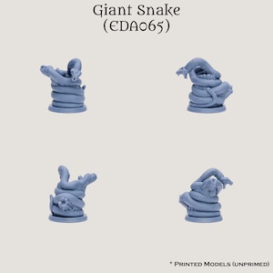 May include: Four light blue, unprimed 3D-printed models of a coiled giant snake. Each snake is coiled around itself, with the head raised. The text "Giant Snake (CDA065)" is at the top. The text "* PRINTED MODELS (UNPRIMED)" is at the bottom.