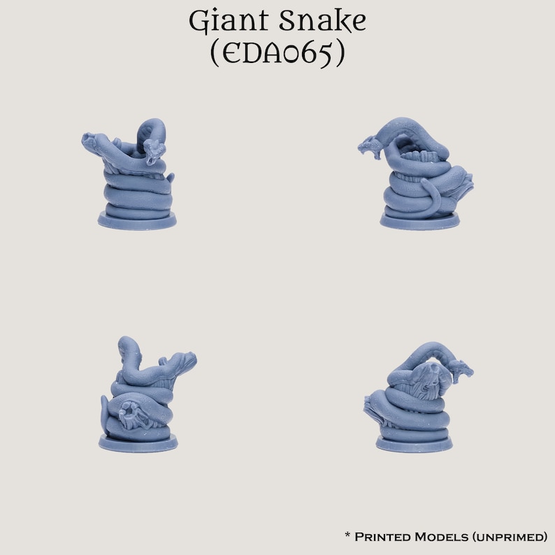 May include: Four light blue, unprimed 3D-printed models of a coiled giant snake. Each snake is coiled around itself, with the head raised. The text "Giant Snake (CDA065)" is at the top. The text "* PRINTED MODELS (UNPRIMED)" is at the bottom.