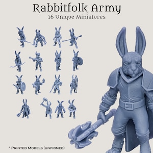 Pode incluir: Um conjunto de 16 miniaturas únicas, não pintadas, impressas em 3D de guerreiros coelhos. As miniaturas estão em várias posturas de combate, segurando armas como espadas, machados e escudos. As miniaturas são feitas de plástico cinza claro.