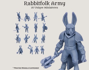 D&D Pathfinder Rabbitfolk Harengon Bunnyfolk Army | 28mm 32mm Fantasy Wargaming TTRPG PC NPC Miniature Set | 16 High-Resolution Resin Minis