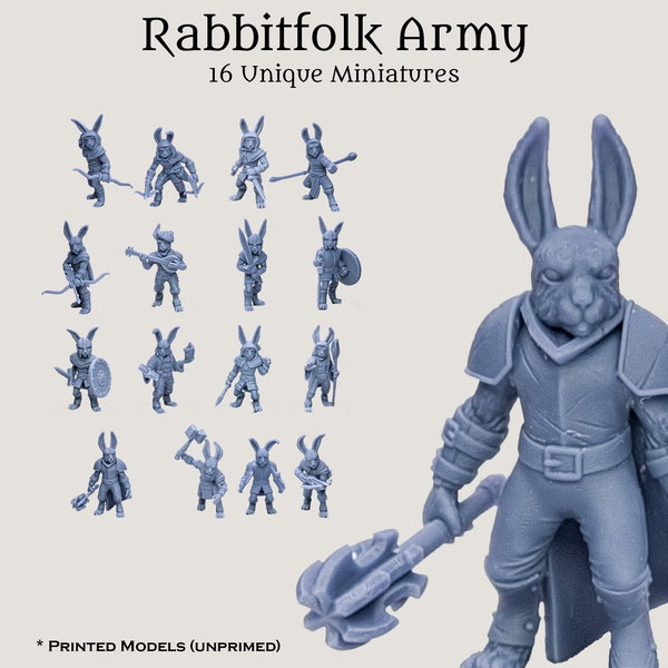 D&D Pathfinder Rabbitfolk Harengon Bunnyfolk Army / 28mm 32mm Fantasy Wargaming TTRPG PC NPC Miniature Set / 16 Minis de resina de alta resolución