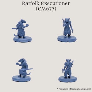 May include: A blue plastic miniature figure of a ratfolk executioner with a sword and a severed head. The figure is standing on a blue base. The figure is labeled "Ratfolk Executioner (EM677)".