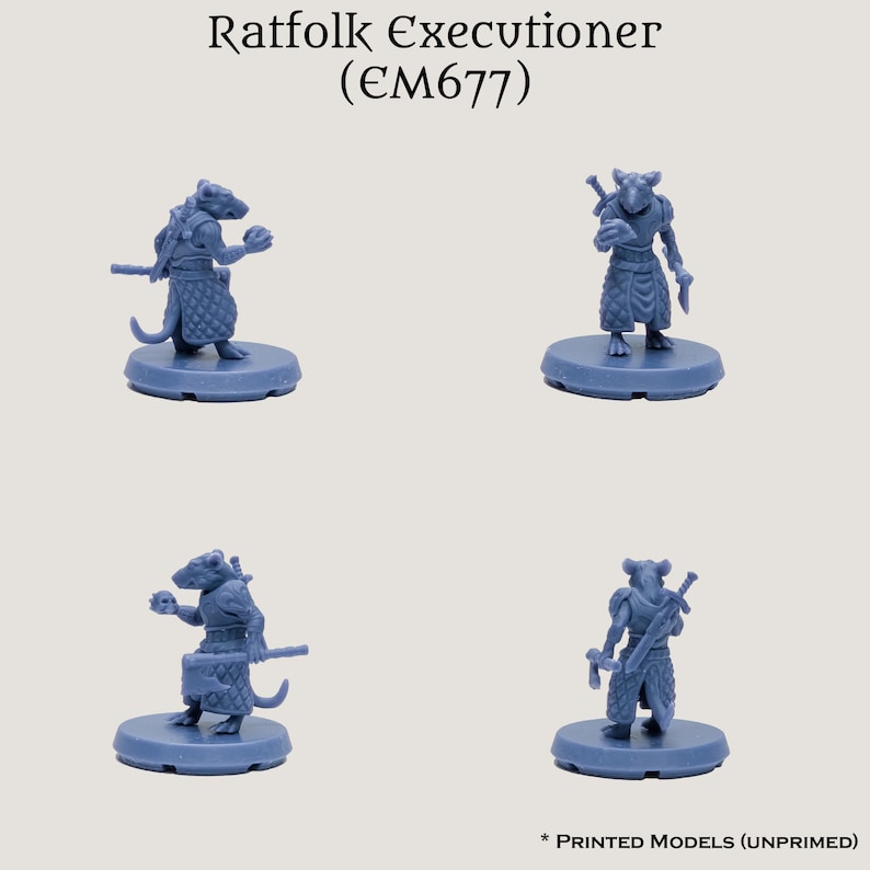 May include: A blue plastic miniature figure of a ratfolk executioner with a sword and a severed head. The figure is standing on a blue base. The figure is labeled "Ratfolk Executioner (EM677)".