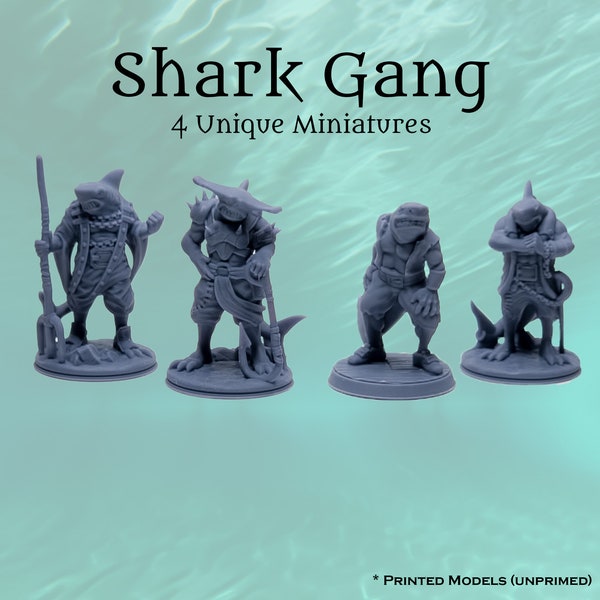 D&D Pathfinder Sharkfolk Gang | 28mm 32mm Fantasy PC NPC Miniaturen Set | 4 Einzigartige 8k Resin Minis