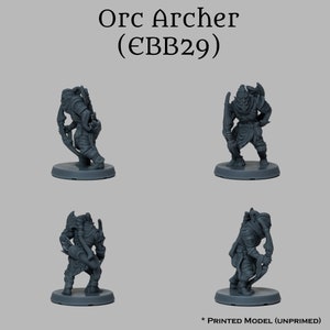 May include: A gray plastic miniature figurine of an Orc Archer, holding a bow and arrow, in a standing pose. The figurine is on a round base. The figurine is unpainted.