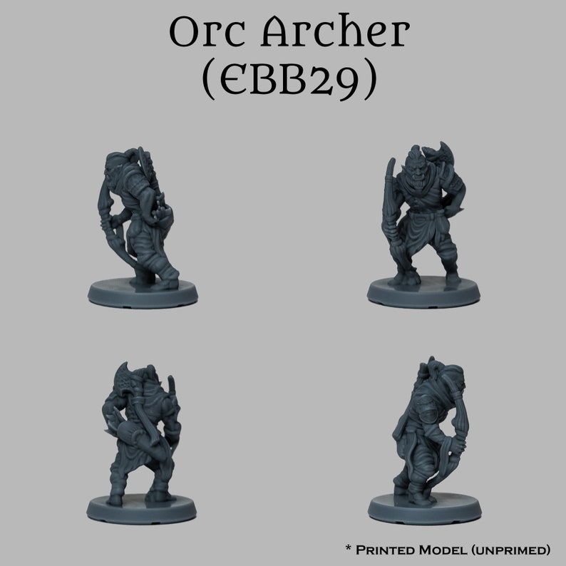 May include: A gray plastic miniature figurine of an Orc Archer, holding a bow and arrow, in a standing pose. The figurine is on a round base. The figurine is unpainted.