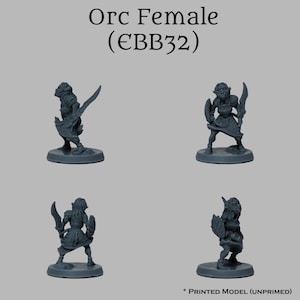 May include: Gray plastic miniature figurine of an Orc female warrior holding a sword and shield. The figurine is standing on a round base. The text "Orc Female (EBB32)" is printed on a white background above the figurine.