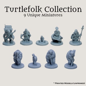 May include: A set of nine grey, unpainted, 3D printed turtle folk miniatures. The miniatures are posed in various positions, including standing, sitting, and kneeling. The miniatures are all about 1 inch tall. Turtlefolk Collection 9 Unique Miniatures * PRINTED MODELS (UNPRIMED)