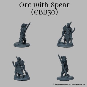 May include: A gray plastic miniature figurine of an Orc warrior holding a spear. The Orc is wearing armor and a loincloth. The figurine is standing on a round base. The text "Orc with Spear (EBB30)" is printed above the figurine.