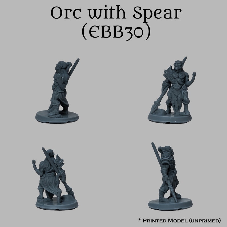 May include: A gray plastic miniature figurine of an Orc warrior holding a spear. The Orc is wearing armor and a loincloth. The figurine is standing on a round base. The text "Orc with Spear (EBB30)" is printed above the figurine.