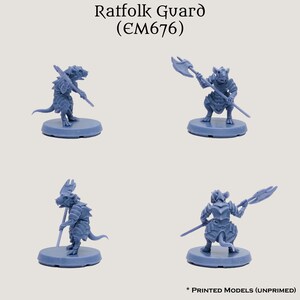May include: Four unpainted plastic miniatures of ratfolk warriors, each holding a weapon. The miniatures are standing on round bases. The miniatures are part of a set called "Ratfolk Guard (EM676)".