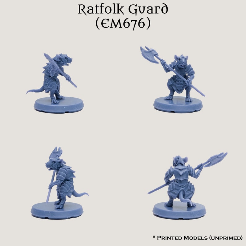 May include: Four unpainted plastic miniatures of ratfolk warriors, each holding a weapon. The miniatures are standing on round bases. The miniatures are part of a set called "Ratfolk Guard (EM676)".