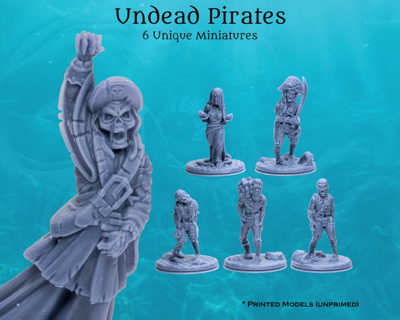 May include: Six unpainted gray plastic miniature figures of undead pirates. The figures are posed in various action poses and include a skeletal pirate captain, a zombie pirate, a ghost pirate, and a zombie pirate with a sword. The figures are on round bases.