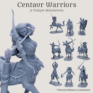 May include: Nine gray plastic miniatures of centaur warriors, each with a unique pose and weapon. The miniatures are unpainted and ready to be assembled. Centaur Warriors - 9 Unique Miniatures * PRINTED MODELS (UNPRIMED)