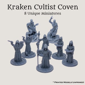 D&D Pathfinder Kraken Cultist Coven Set | 28mm 32mm Fantasy PC NPC Miniature Gift Set for Frostgrave TTRPGs Wargames | 8 Unique Resin Minis