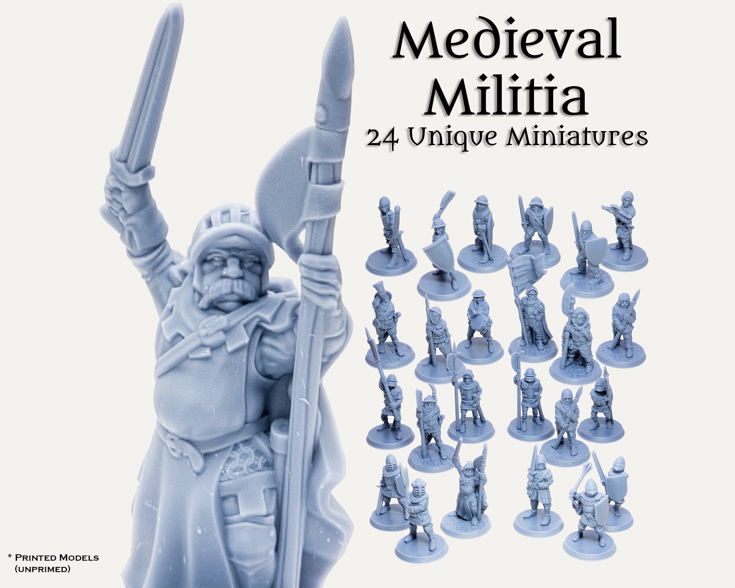 D&D Pathfinder Medieval Militia Infantry NPCs | 28mm 32mm Fantasy Miniature Set | 24 Unique 8k Resin Minis