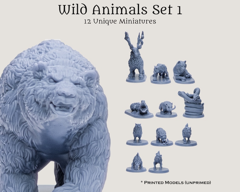May include: A set of 12 unprimed, gray miniature wild animals. The set includes a large bear, a deer, a boar, a bear cub, a crocodile, a snake, and other animal figurines. The text "Wild Animals Set 1" and "12 Unique Miniatures" is visible.