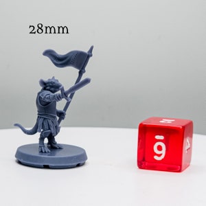 May include: A gray plastic miniature of a rat-like creature wearing armor and holding a sword and a flag. The miniature is standing on a round base. A red 9-sided die is in the background.
