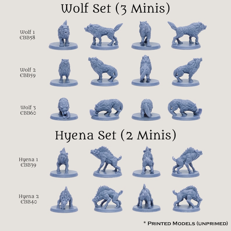 May include: A collection of unprimed, light blue miniature wolf and hyena figurines. The image shows multiple views of each figurine, including front, side, and back profiles. Text on the image reads "Wolf Set (3 Minis)" and "Hyena Set (2 Minis)."