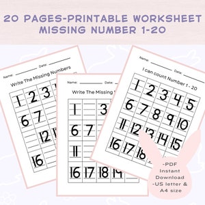 May include: A printable worksheet for kids to practice counting numbers 1-20. The worksheet has three sections, each with a grid of numbers with one number missing. The student must write the missing number in the blank space. The worksheet is titled "Write The Missing Numbers".