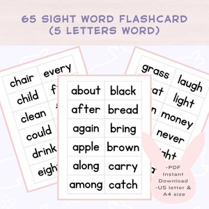 Sight Word Five Letter Words Flash Cards Printable |Dolch Primer Sight Words |Instant Download|PDF Digital Download|Letter Flashcards