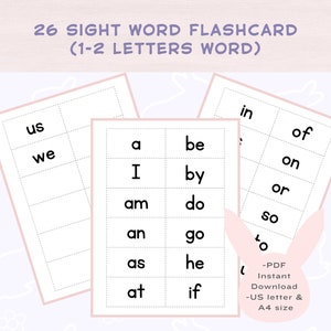 Sight Word One&Two Letter Words Flash Cards Printable |Dolch Primer Sight Words |Instant Download|PDF Digital Download|Letter Flashcards