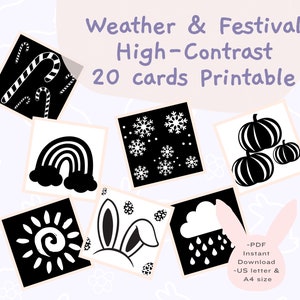 IMPRIMABLE 20 cartes en noir et blanc à contraste élevé | Collection météo et festival|Stimulation pour nourrissons| Carte sensorielle pour bébé|Téléchargement numérique PDF