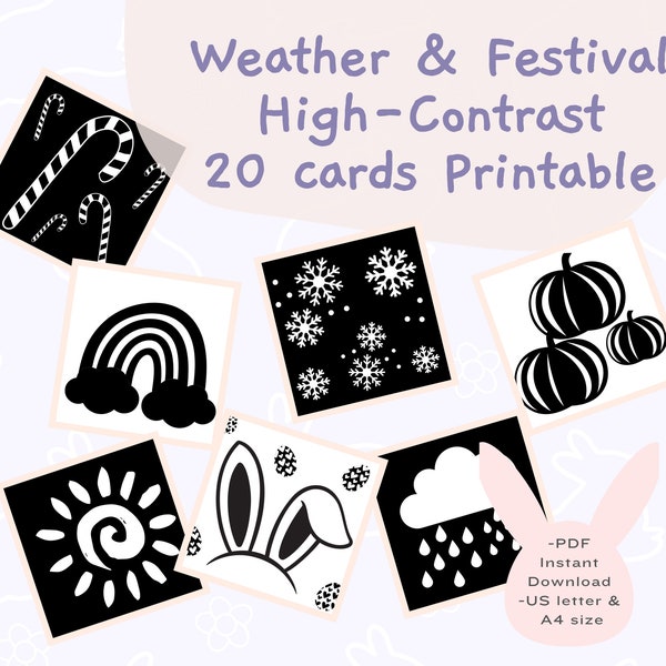 PRINTABLE 20 Black and White High Contrast Cards| Weather and Festival Collection|Infant Stimulation| Baby Sensory Card|PDF Digital Download