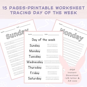 Hoja de trabajo de seguimiento de días de la semana/Páginas para colorear de días/Días imprimibles/Seguimiento de letras de escritura a mano/Jardín de infantes/Descarga digital PDF