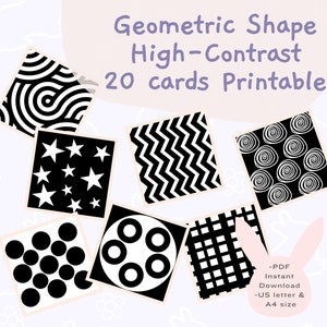 PRINTABLE 20 Black and White High Contrast Cards| Geometric Shapes Collection| Infant Stimulation| Baby Sensory Card | PDF Digital Download