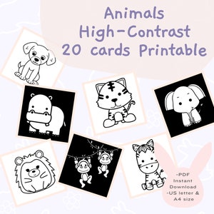 PRINTABLE 20 Black and White High Contrast Cards| Animals Collection| Infant Stimulation| Baby Sensory Card | PDF Digital Download