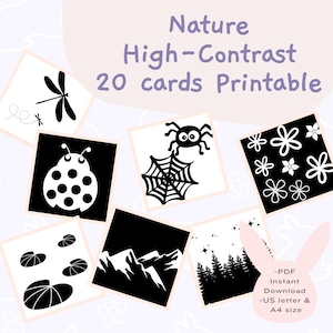IMPRIMABLE 20 cartes en noir et blanc à contraste élevé | Collection Nature| Stimulation du nourrisson| Carte sensorielle bébé | Téléchargement numérique PDF