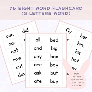 Sight Word Three Letter Words Flash Cards Printable |Dolch Primer Sight Words |Instant Download|PDF Digital Download|Letter Flashcards