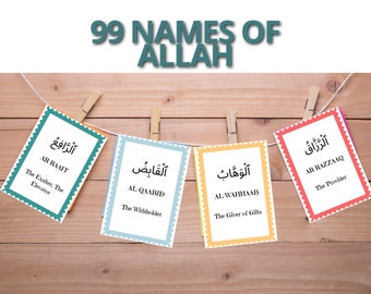99 names of Allah flashcards, Asma ul husna, printable islamic cards, muslim kids cards, digital 99 names of Allah for kids,Muslim education