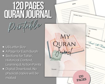 120 page Quran Journal, Printable Journal,Tafsir Planner, Digital Quran Tafseer Study, Quran memorisation Workbook, Worksheet,Surahs.Muslim