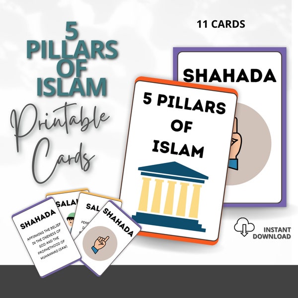 5 pillars of Islam flashcards, five pillars Islamic cards, Muslim kids cards, Muslim learning cards, printable and digital cards,