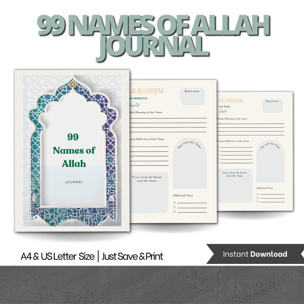 99 Namen Allahs druckbares Journal, Asmaul Husna Digital Journal, Namen Gottes lernen, islamische, muslimische Ramadan-Aktivitäten, Allahs Namen.