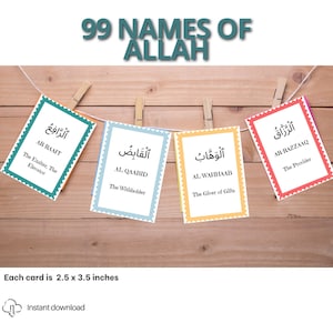 99 namen van Allah flashcards, Asma ul husna, afdrukbare islamitische kaarten, islamitische kinderkaarten, digitale 99 namen van Allah voor kinderen, moslimonderwijs