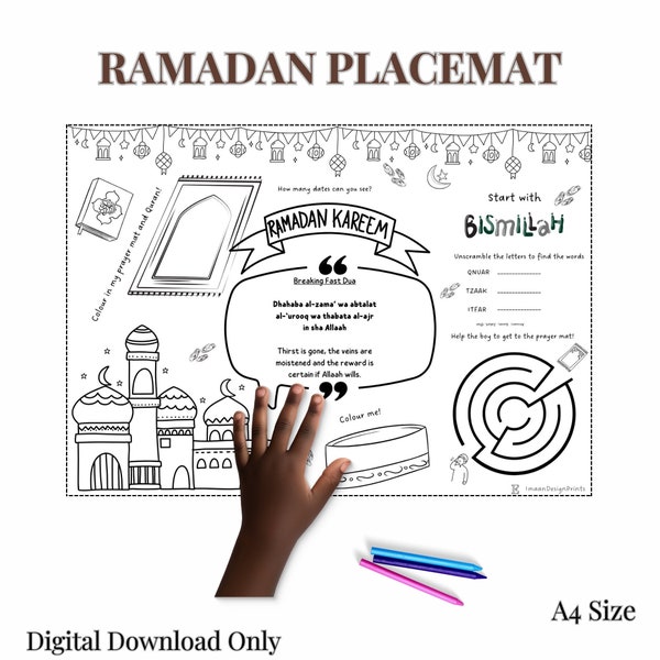 Ramadan Placemat for Muslim Kids, Printable Ramadan Activities, Iftar,Suhoor & Eid Placemat, Ramadan Decoration, Islamic Colouring, Games.