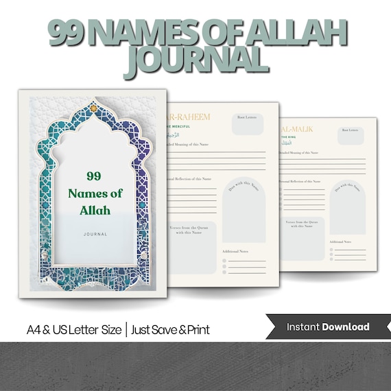 99 Names of Allah Printable Journal, Asmaul Husna Digital Journal, Names of God Learning, Islamic, Muslim Ramadan Activities, Allah's Names.