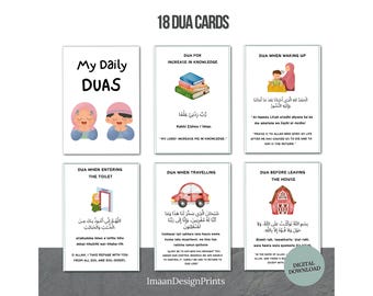 Printable Kids Dua Cards Islamic Digital Download, Muslim Children learning duas, Islamic educational flashcards, prayer activities, 18 duas